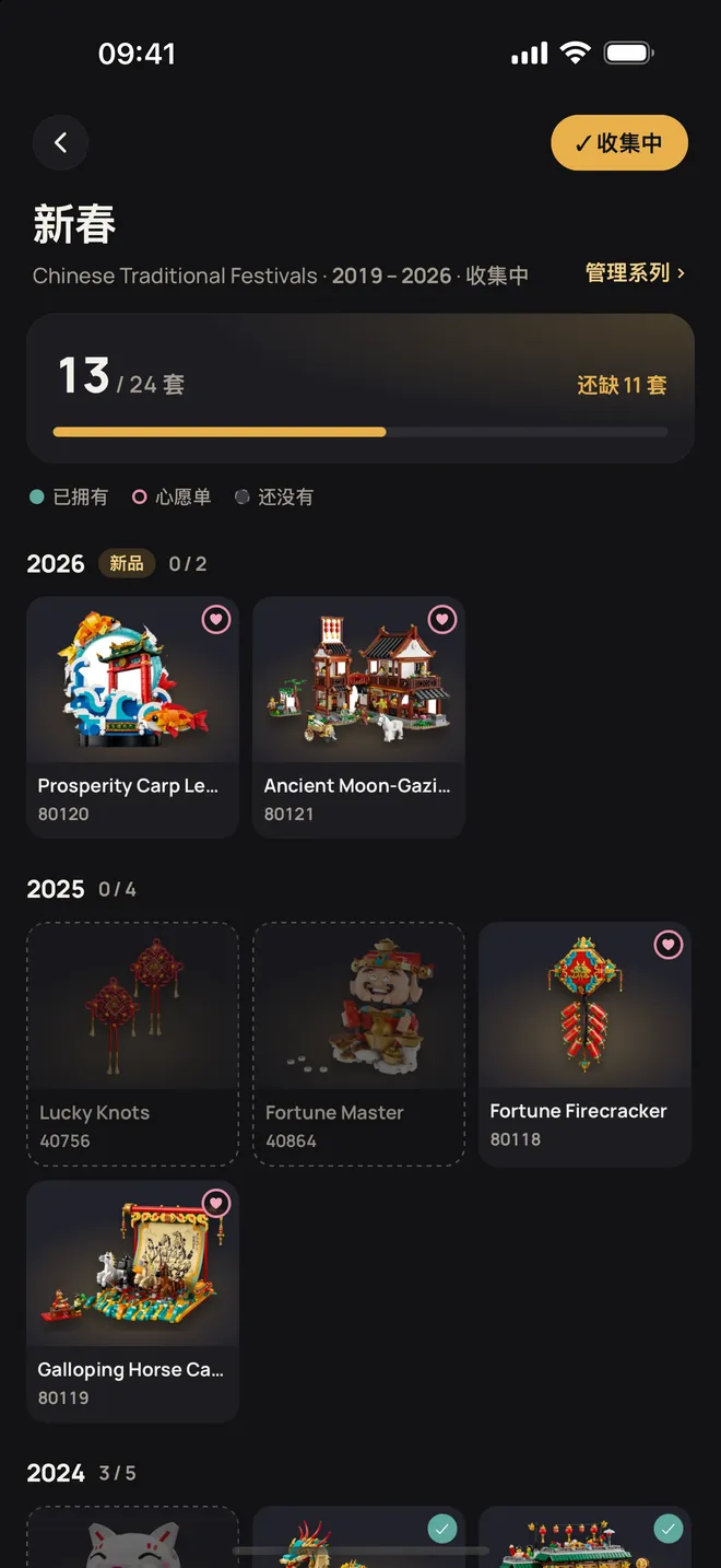 系列页：按年份列出已有、心愿单和还没有的套装
