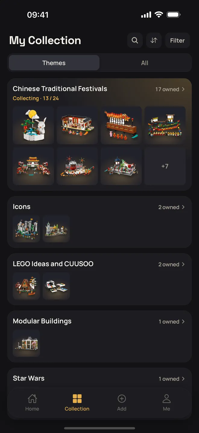 Collection grouped by theme, with series progress